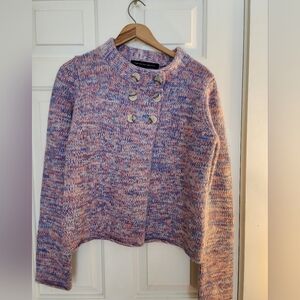 French Connection Double Breasted Mock Neck Sweater Blue Pink Spring Wool Angora